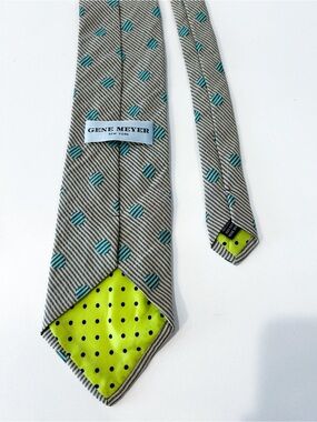 Gene Meyer New York - Men's Grey Stripe Tie with Teal Dots and Neon Lime Lining